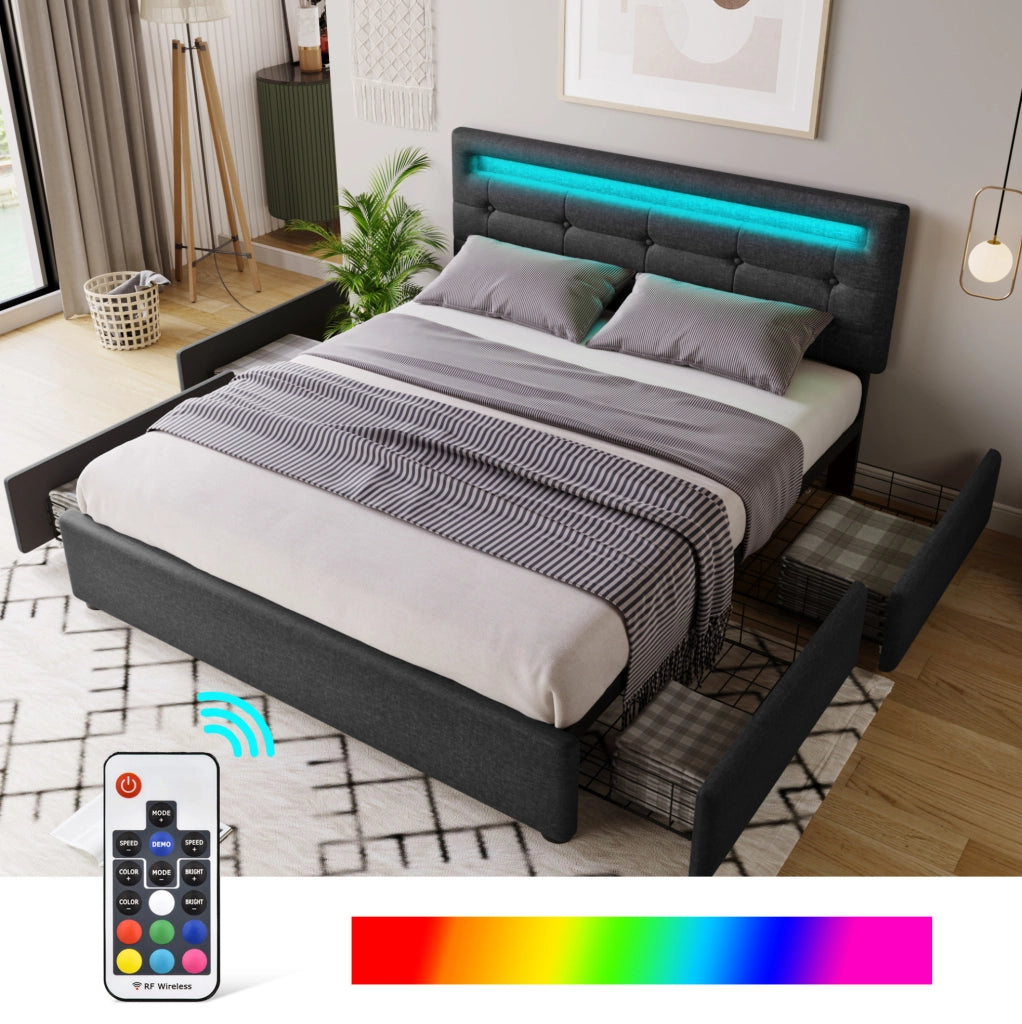 Letto matrimoniale 140x200 cm nero con LED, 4 cassetti e testiera regolabile