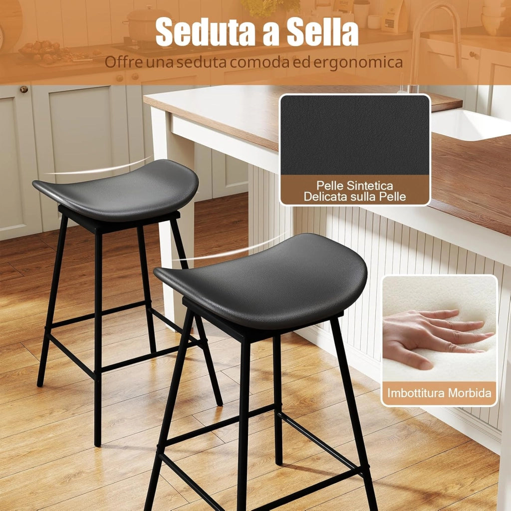 Set di 2 Sgabelli da Bar Girevoli, Sedie Alte Senza Schienale in Pelle Sintetica con Sedile a Sella Imbottito e Poggiapiedi, Portata 150 kg, per Isola della Cucina e Sala da Pranzo (Nero)