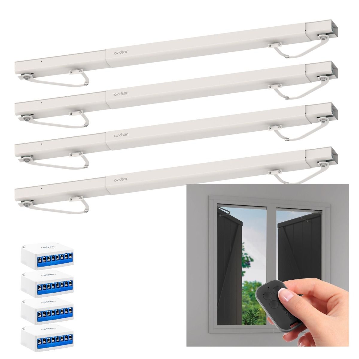 Kit da 4 Automazioni per Persiane a Battente Wi-Fi Avidsen OPEN-W con 4 x Moduli Wi-Fi 127046 – Motorizzazione elettrica per 1 o 2 ante, con telecomando wireless 114600 x 4