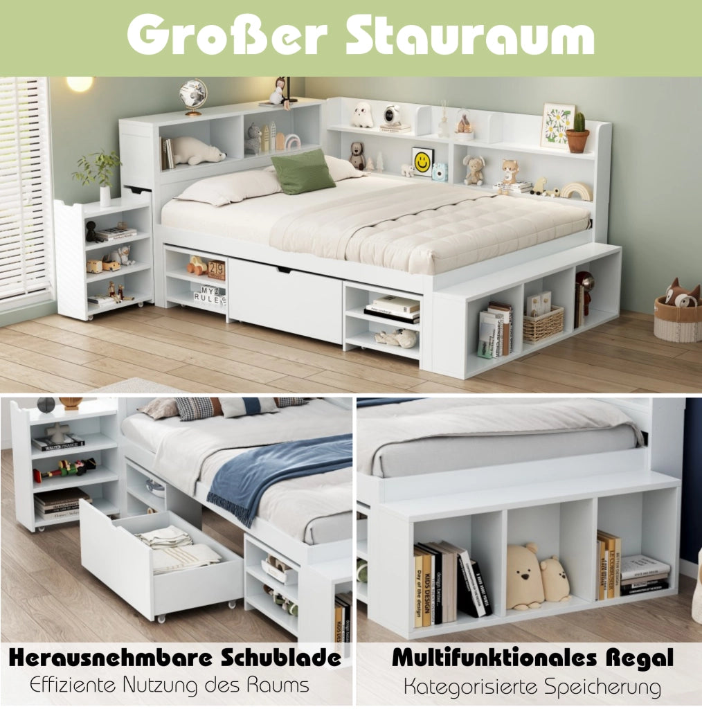 Lettino per bambini 90x200 cm in legno multistrato bianco con cassetti e vani contenitore