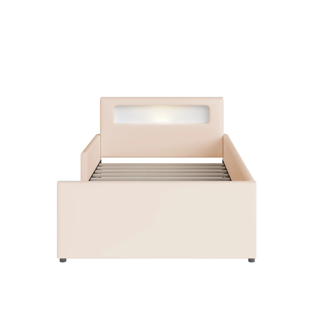 DESMIU Letto per bambini singolo con cassetto, USB, luce notturna e vani, 90 × 200 cm, senza materasso, beige