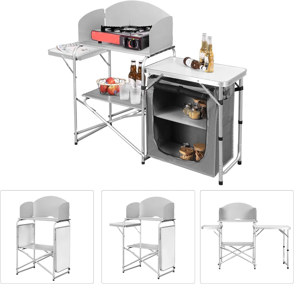 Mobile Cucina da Campeggio Tavolo Pieghevole da Giardino Armadio da Campeggio Tavolo Campeggio Tavoli a Valigetta da Balcone da Cucina in Alluminio e MDF con Sacca di Trasporto