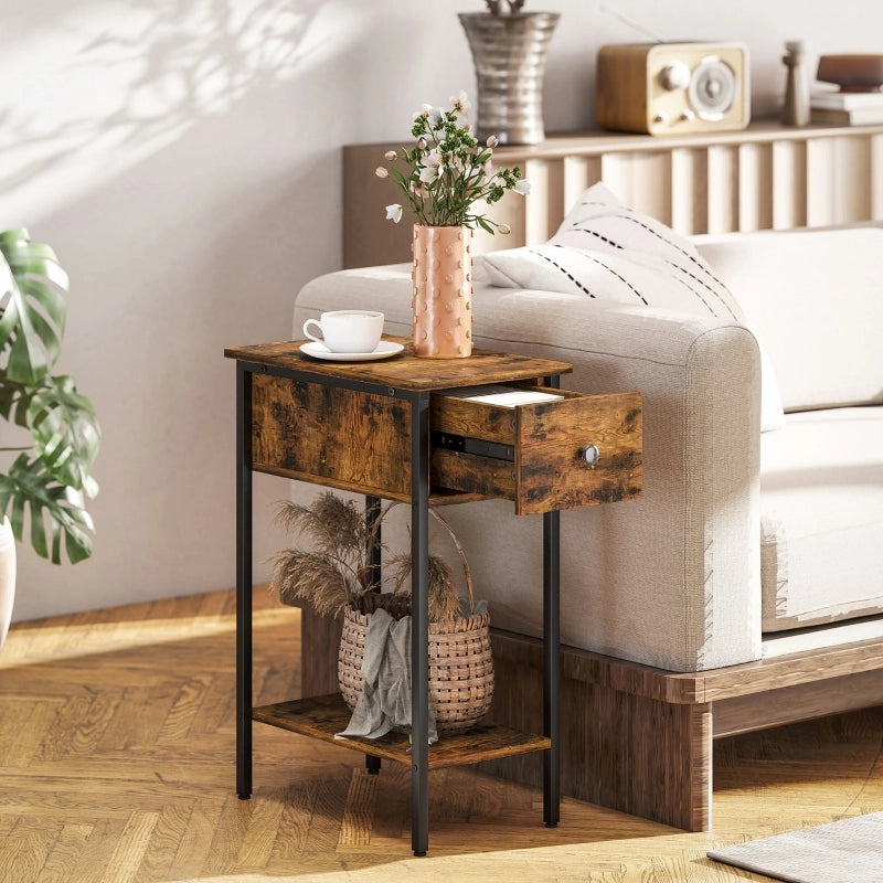 Tavolino basso con cassetto e vano aperto, in legno e metallo, per soggiorno e camera da letto, marrone, 25 × 39,8 × 58,2 cm