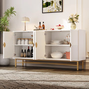 Sideboard bianco 160x40x82 cm, texture in rilievo, 4 ante, maniglie dorate spazzolate, gambe high-gloss