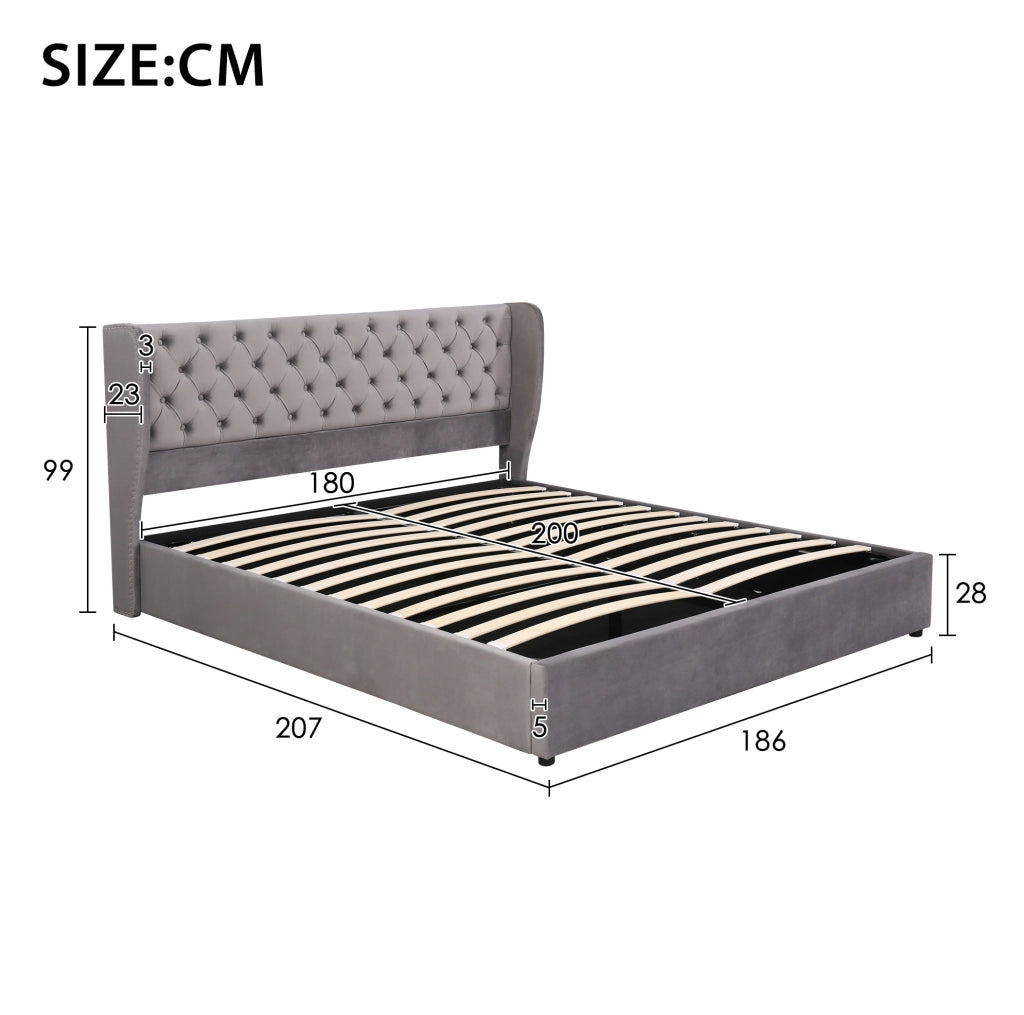 Letto matrimoniale imbottito stile Chesterfield 180x200 cm in velluto grigio con contenitore