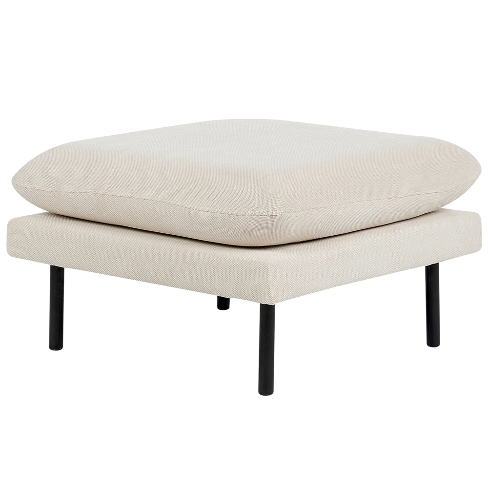 Pouf quadrato con cuscino in tessuto di ciniglia beige chiaro con gambe nere stile moderno retrò