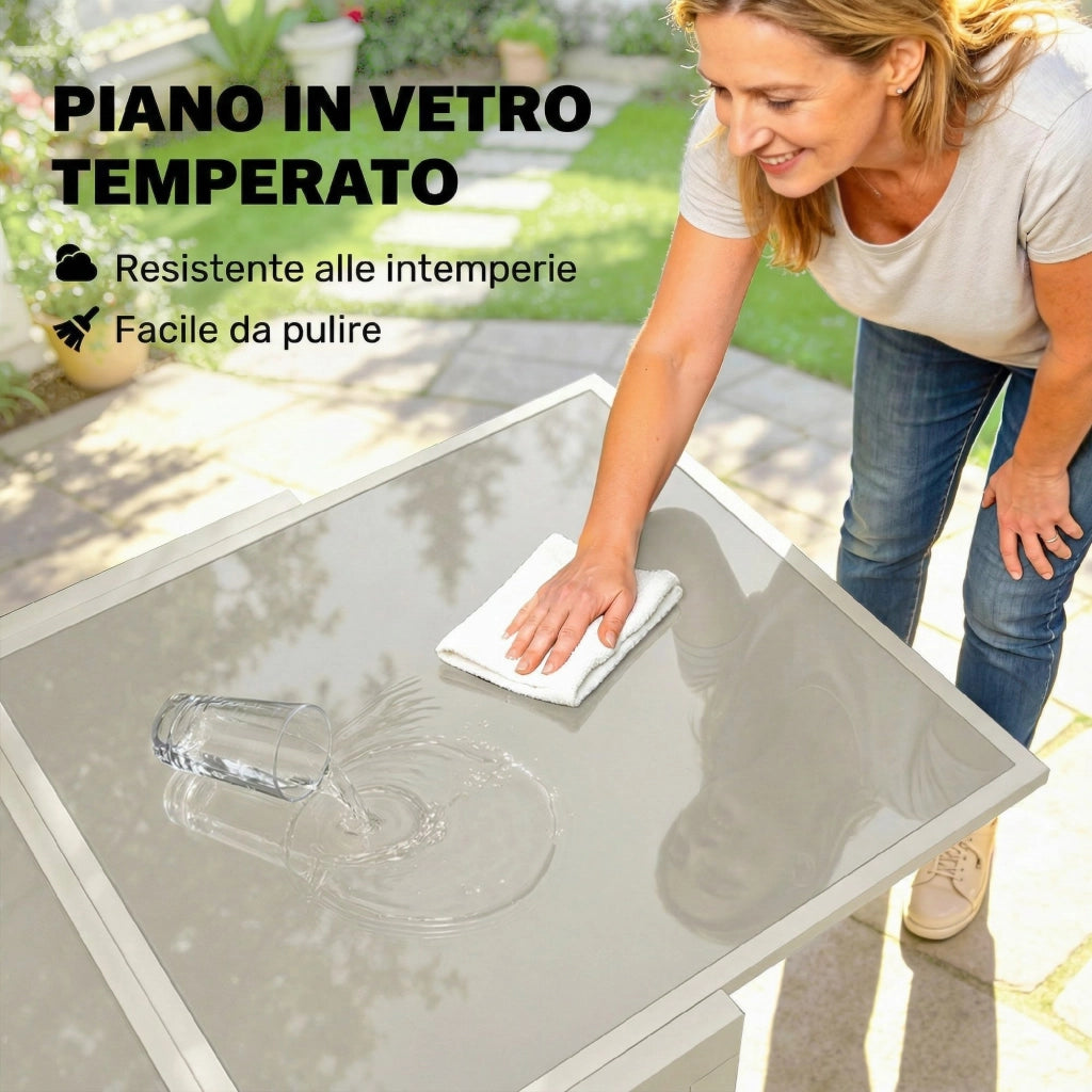 Tavolo Estensibile in Alluminio per Esterni, Piano in Vetro Temperato, Bianco Crema.