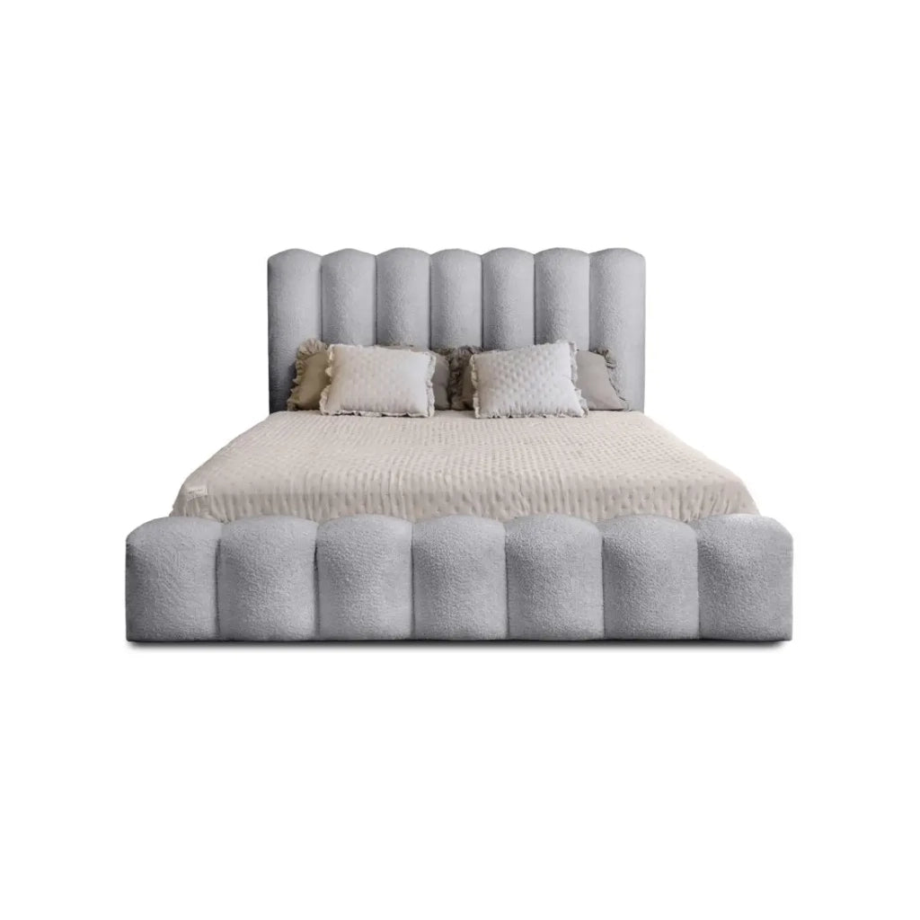 Letto contenitore BADJA – Tessuto bouclé Perla d'alba – 160x200 cm – Rete sollevabile – Design di alta gamma