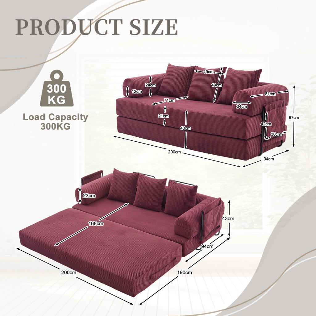 Divano modulare con struttura in metallo, tasca laterale e 3 cuscini, in velluto a coste rosso vino 200 × 94 × 67 cm