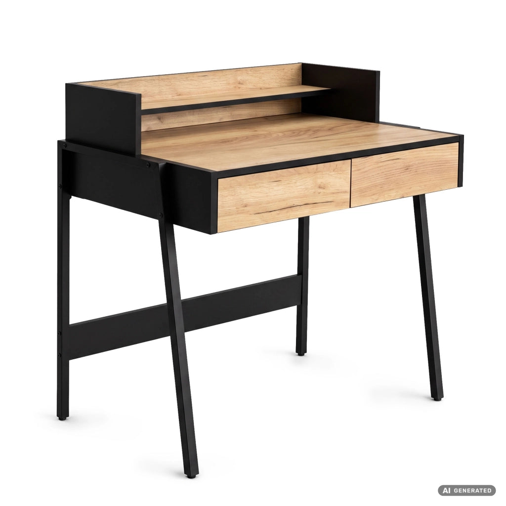 Scrivania industriale per computer Rovere Craft FLUX 78 cm 2 cassetti 1 ripiano gambe nere