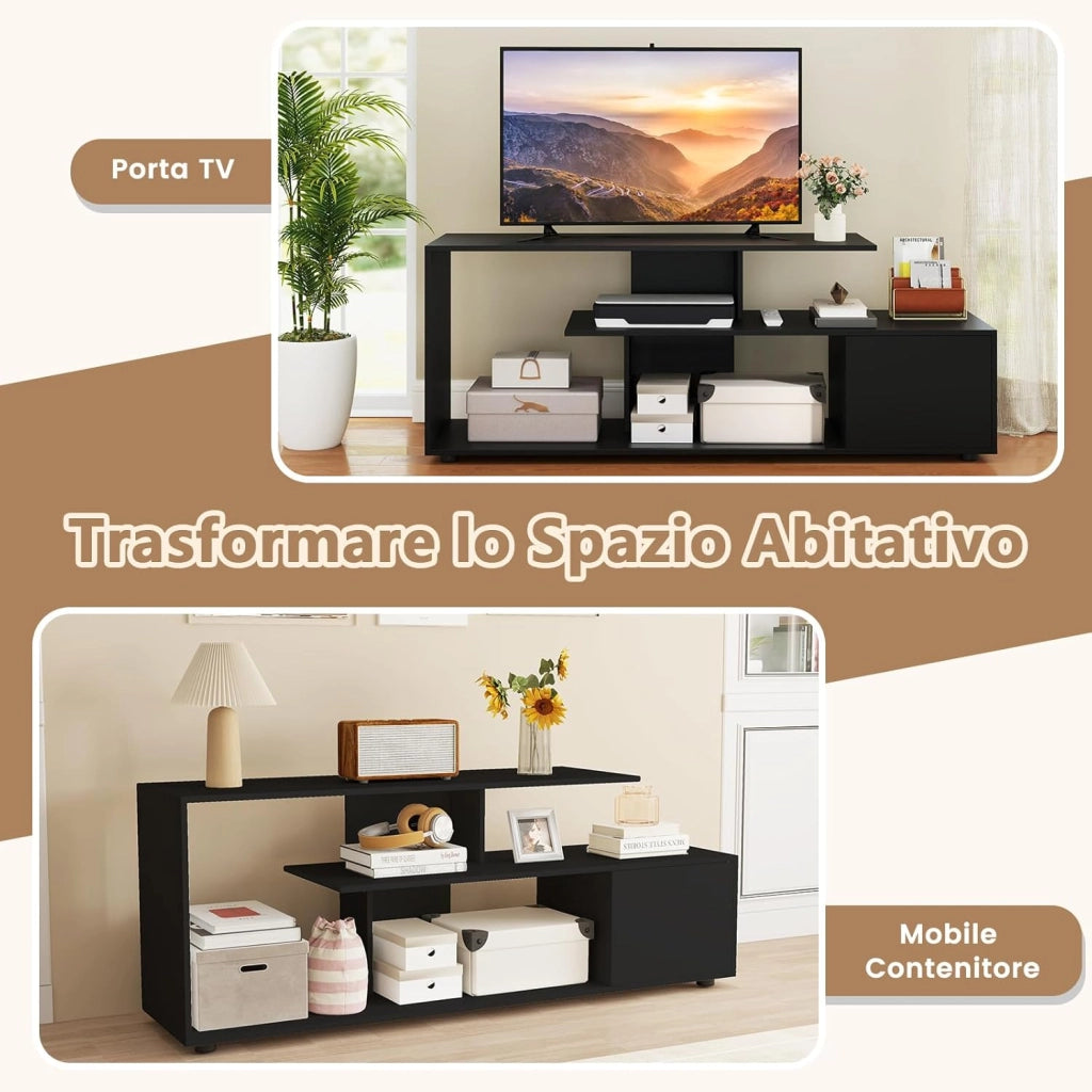 Mobile Porta TV, per TV Fino a 55'', Console Media a 3 Ripiani Asimmetrici con Ripiani di Stoccaggio e Armadietto, Mobile TV con Cassetto, 5 Gambe di Supporto (Nero)