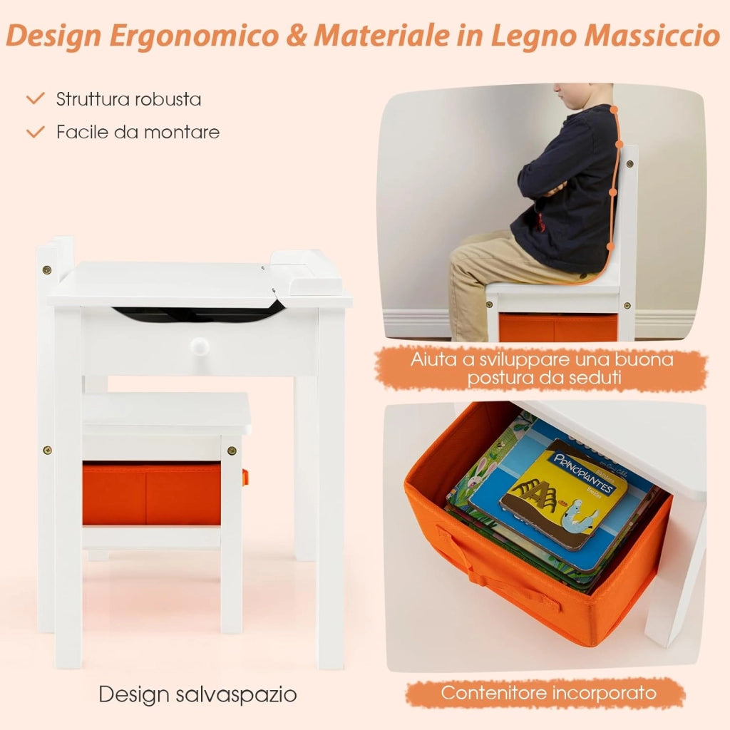 Set Tavolo e Sedia per Bambini, Scrivania Ribaltabile con Sedia per Bambini in Legno, con Cassetto e Gancio Estraibile (Bianco)