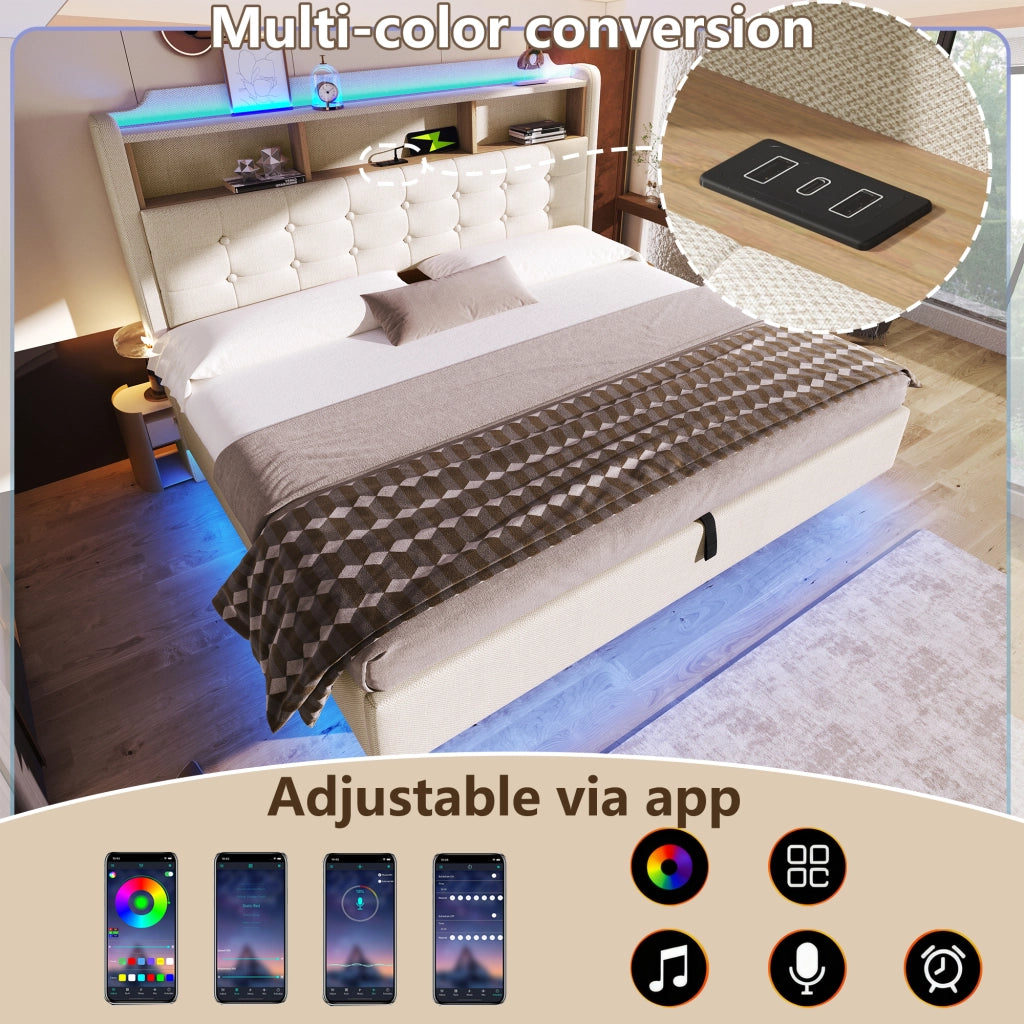 DESMIU Letto contenitore 180 × 200 cm 2 posti con LED, USB, Type-C, senza materasso, beige