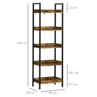 Libreria Stile Industriale a 5 Ripiani in Legno e Metallo, 48x30x155cm, Marrone Rustico