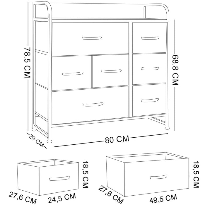 Mobile Cassettiera 7Cassetti Metallo Legno e Tessuto 80x29 H 78.5cm Casa Ufficio