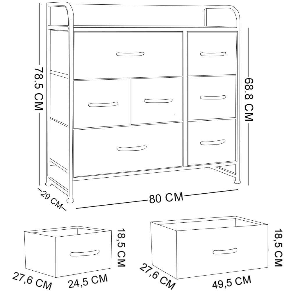 Mobile Cassettiera 7Cassetti Metallo Legno e Tessuto 80x29 H 78.5cm Casa Ufficio