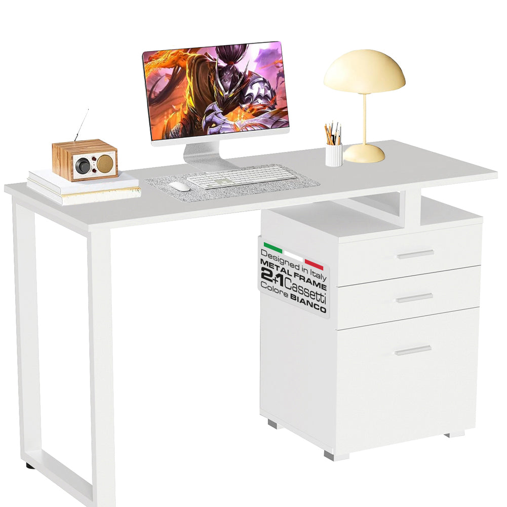 Scrivania con Cassettiera Tavolo Porta Pc Computer Acciaio Legno Ufficio Bianco
