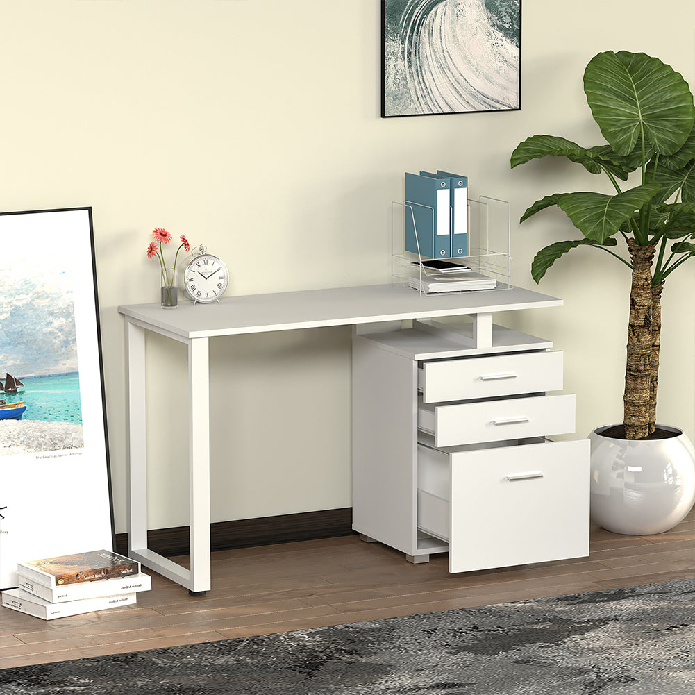 Scrivania con Cassettiera Tavolo Porta Pc Computer Acciaio Legno Ufficio Bianco