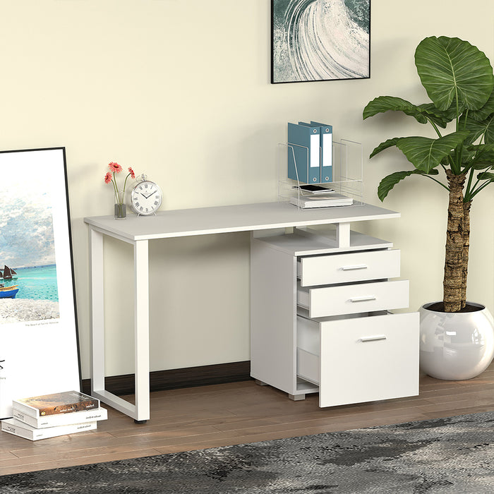 Scrivania con Cassettiera Tavolo Porta Pc Computer Acciaio Legno Ufficio Bianco