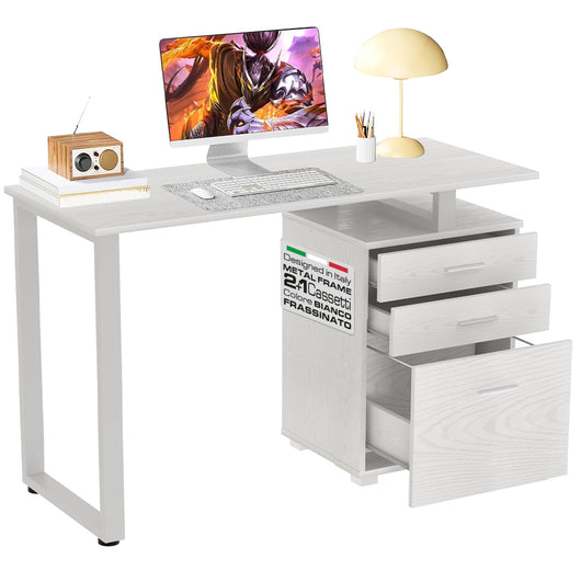 Scrivania Cassettiera Tavolo Porta Pc Computer Acciaio Legno Bianco Frassinato