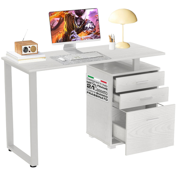 Scrivania Cassettiera Tavolo Porta Pc Computer Acciaio Legno Bianco Frassinato