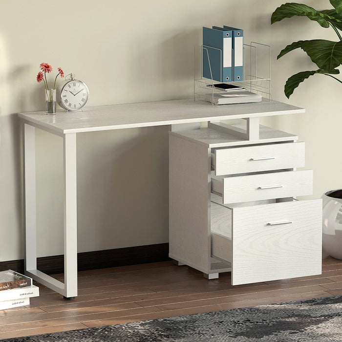 Scrivania Cassettiera Tavolo Porta Pc Computer Acciaio Legno Bianco Frassinato