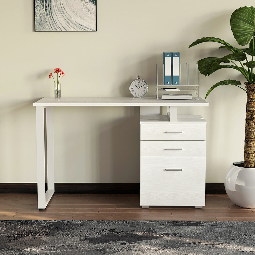 Scrivania Cassettiera Tavolo Porta Pc Computer Acciaio Legno Bianco Frassinato