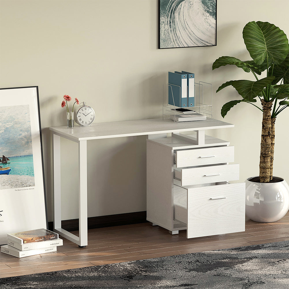 Scrivania Cassettiera Tavolo Porta Pc Computer Acciaio Legno Bianco Frassinato