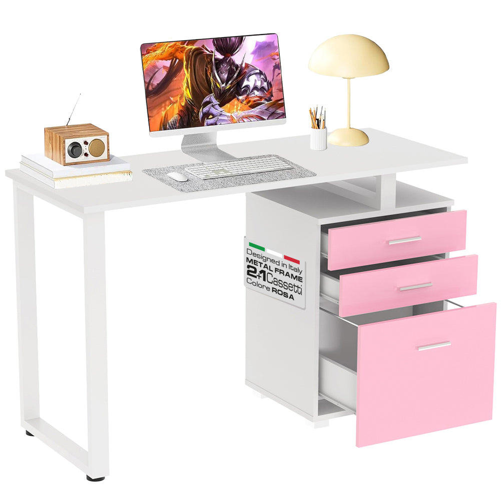 Scrivania con Cassettiera Tavolo Porta Pc Computer Acciaio Piano in Legno Rosa