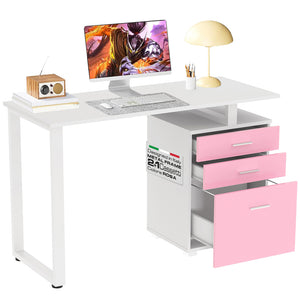 Scrivania con Cassettiera Tavolo Porta Pc Computer Acciaio Piano in Legno Rosa