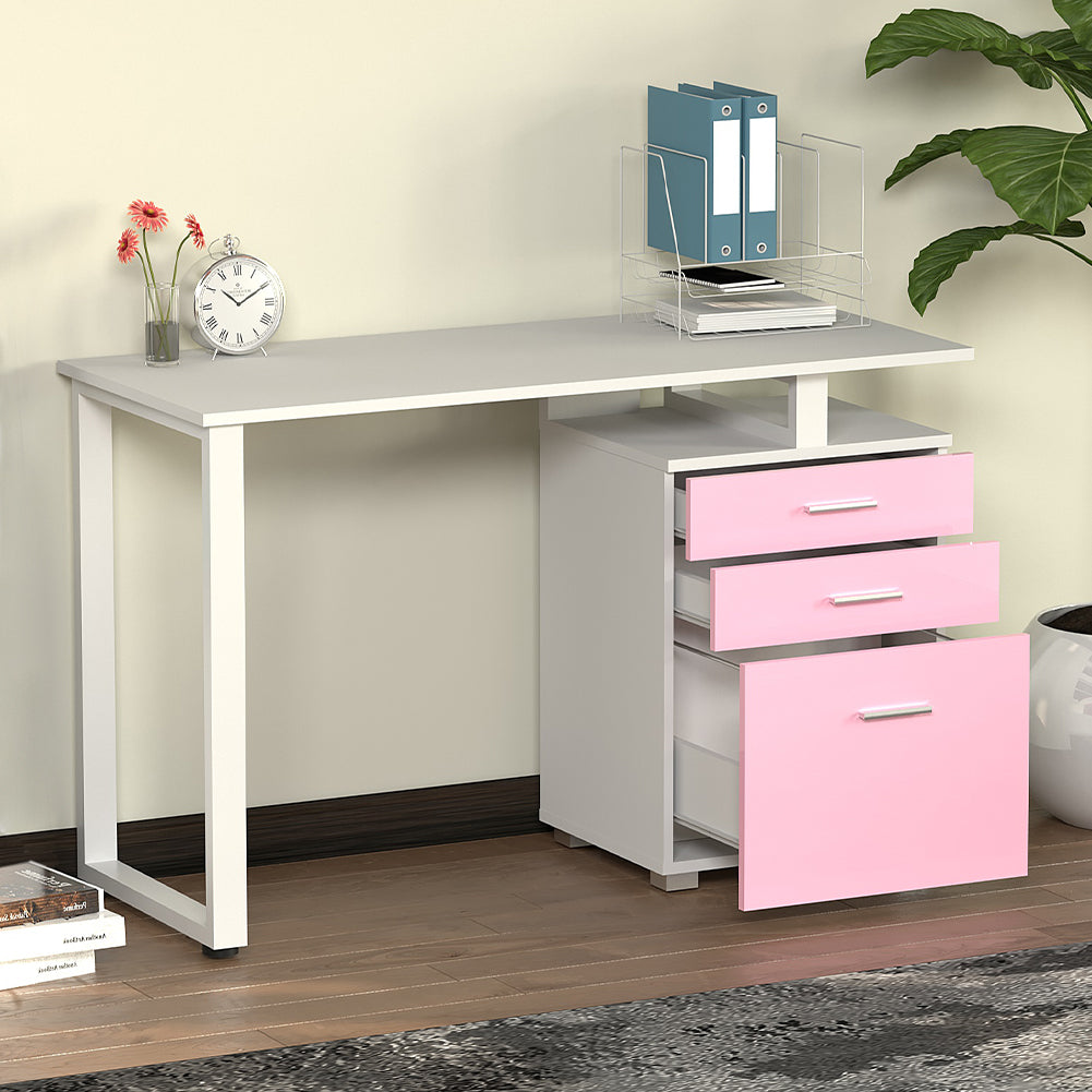 Scrivania con Cassettiera Tavolo Porta Pc Computer Acciaio Piano in Legno Rosa