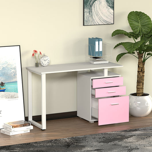 Scrivania con Cassettiera Tavolo Porta Pc Computer Acciaio Piano in Legno Rosa