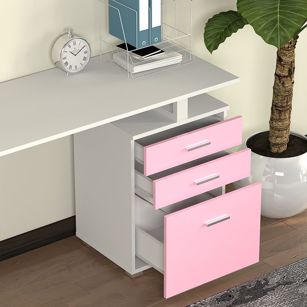 Scrivania con Cassettiera Tavolo Porta Pc Computer Acciaio Piano in Legno Rosa