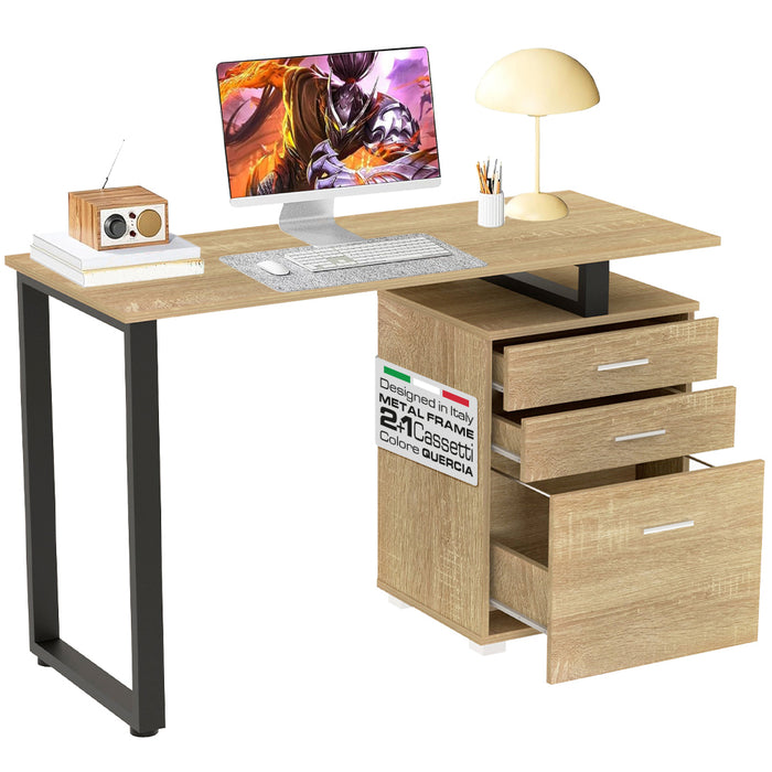 Scrivania con Cassettiera Tavolo Porta Pc Computer Acciaio Legno Quercia Chiaro