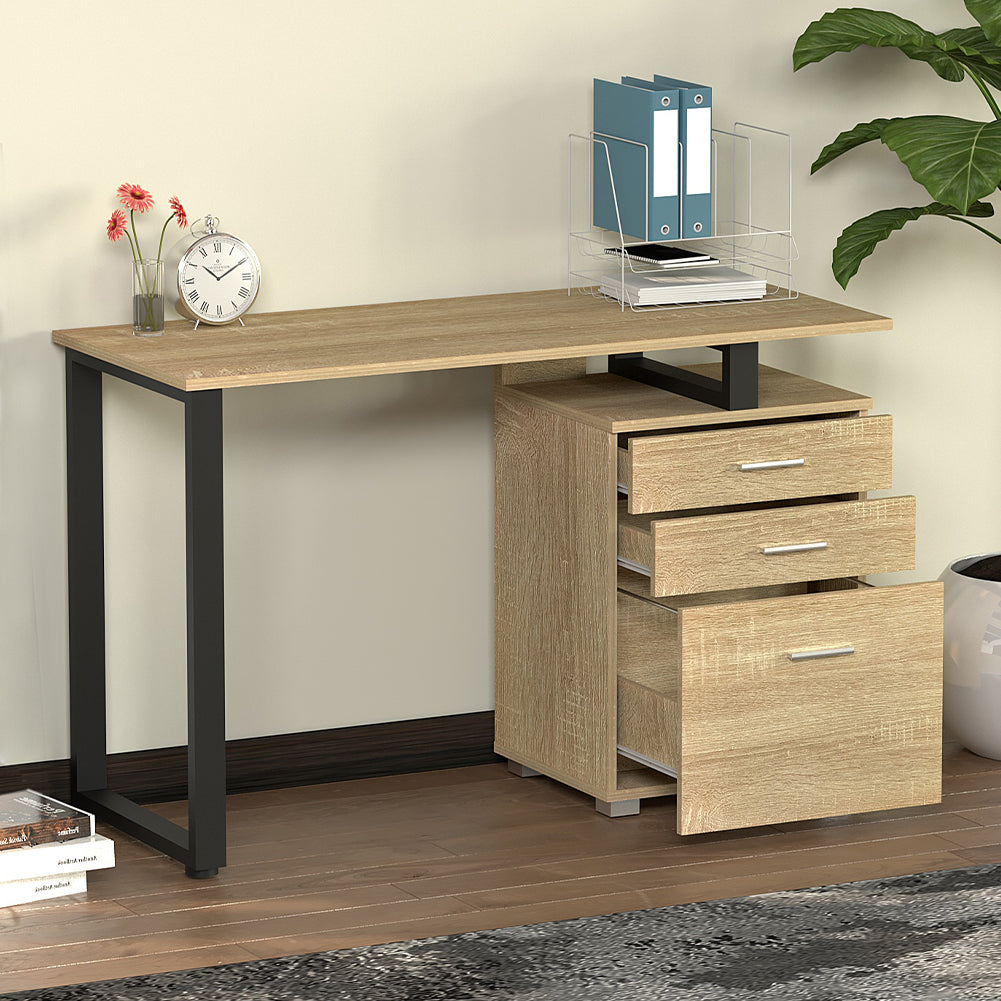 Scrivania con Cassettiera Tavolo Porta Pc Computer Acciaio Legno Quercia Chiaro