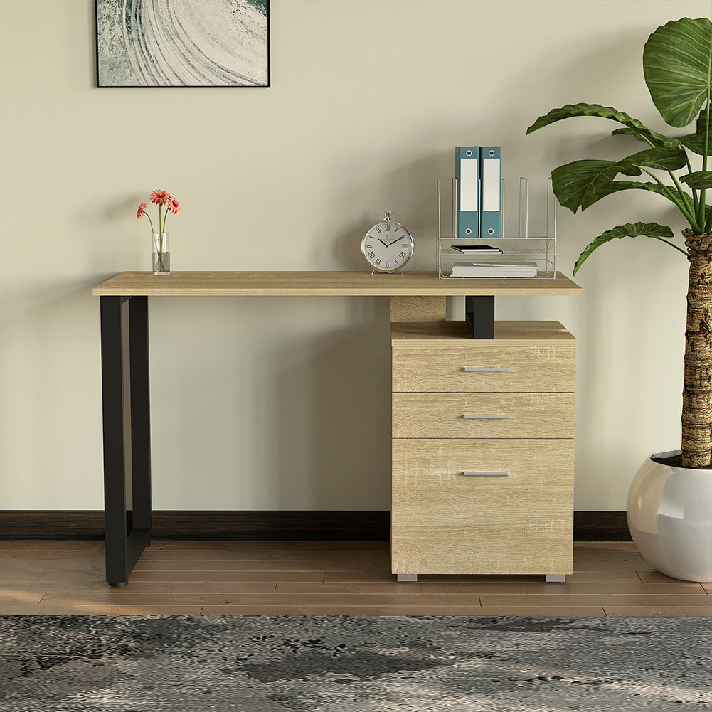 Scrivania con Cassettiera Tavolo Porta Pc Computer Acciaio Legno Quercia Chiaro