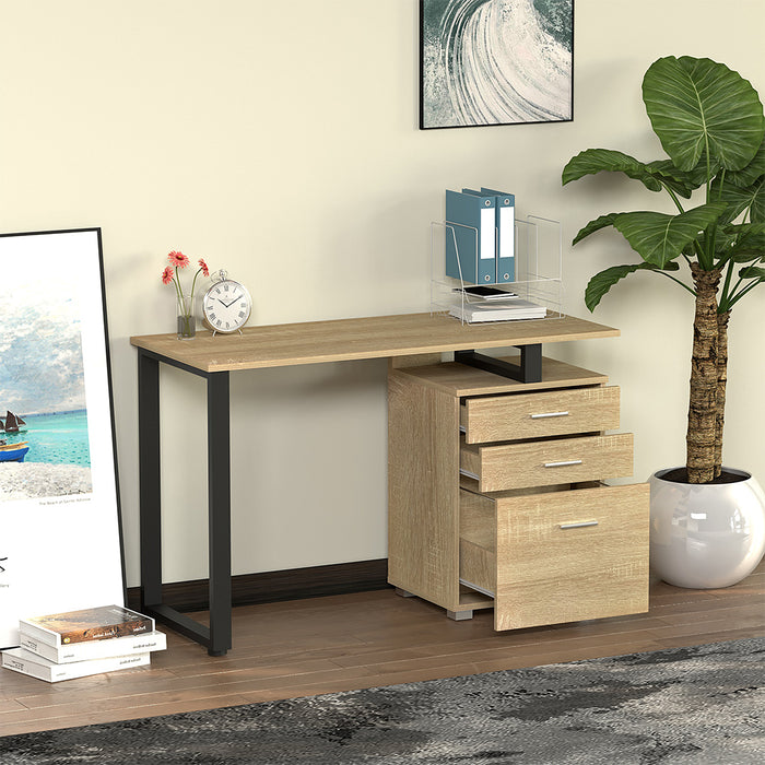 Scrivania con Cassettiera Tavolo Porta Pc Computer Acciaio Legno Quercia Chiaro