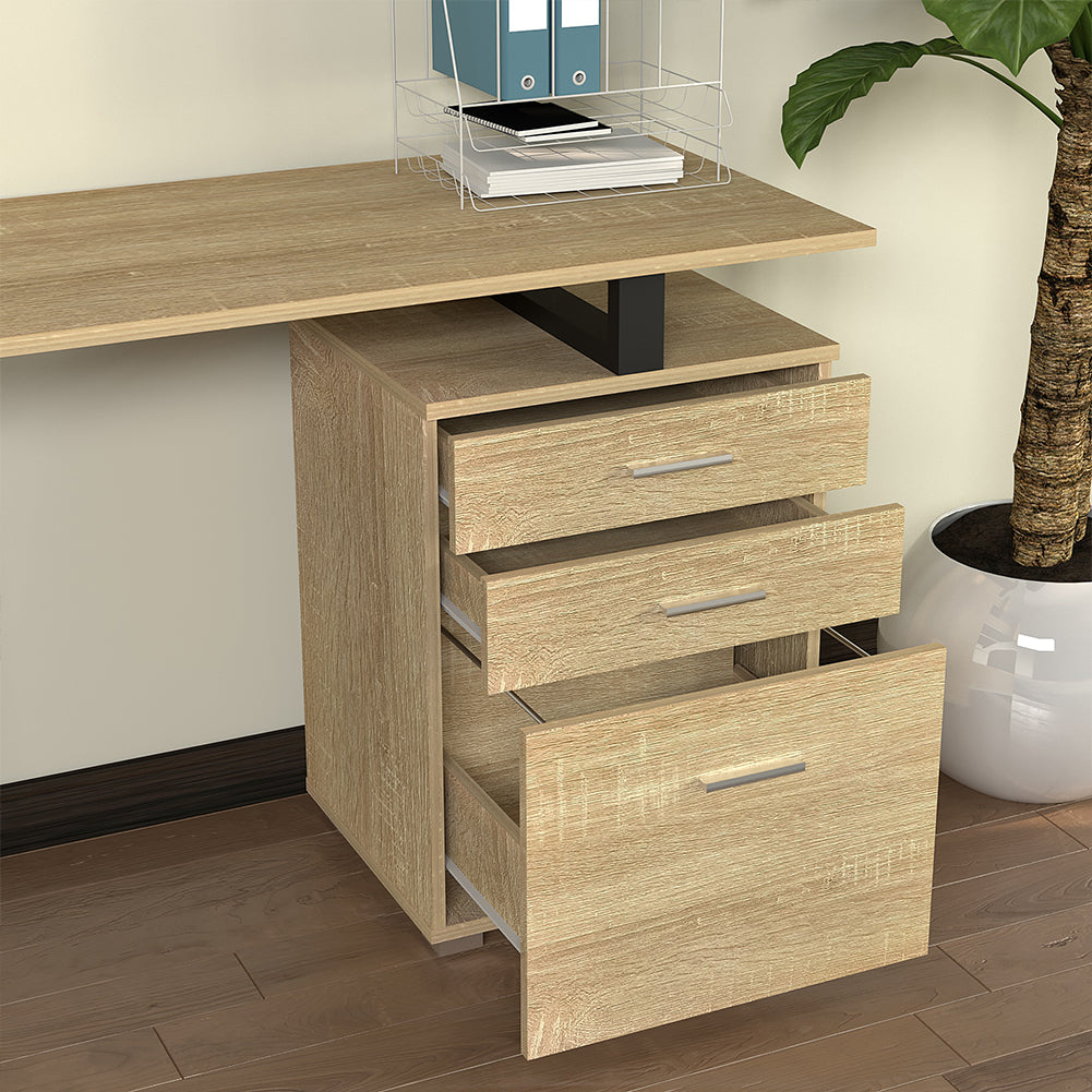 Scrivania con Cassettiera Tavolo Porta Pc Computer Acciaio Legno Quercia Chiaro