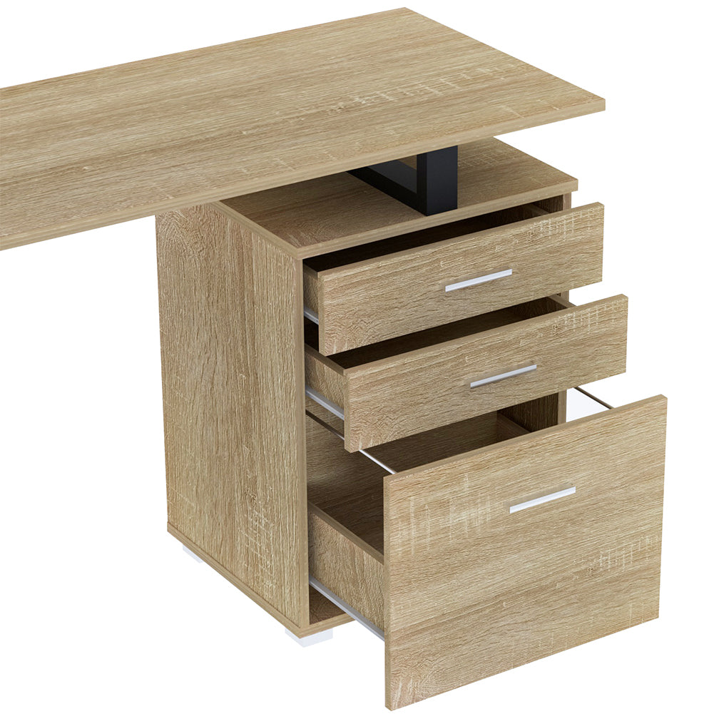 Scrivania con Cassettiera Tavolo Porta Pc Computer Acciaio Legno Quercia Chiaro