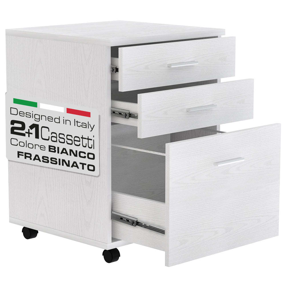 Cassettiera Scrivania Ufficio Mobiletto Stampante 3 Cassetti Bianco Frassinato