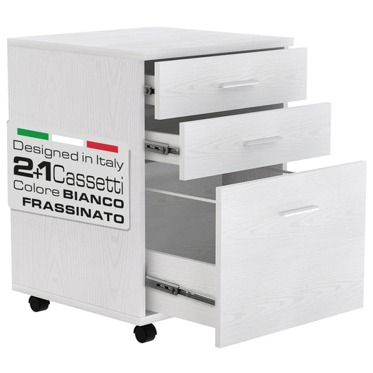 Cassettiera Scrivania Ufficio Mobiletto Stampante 3 Cassetti Bianco Frassinato