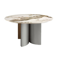 Tavolo da pranzo rotondo in marmo porcellanato, noce e legno argentato