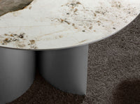 Tavolo da pranzo rotondo in marmo porcellanato, noce e legno argentato