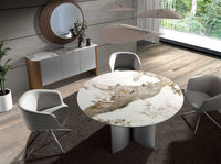 Tavolo da pranzo rotondo in marmo porcellanato, noce e legno argentato