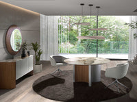 Tavolo da pranzo rotondo in marmo porcellanato, noce e legno argentato