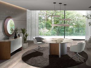 Tavolo da pranzo rotondo in marmo porcellanato, noce e legno argentato