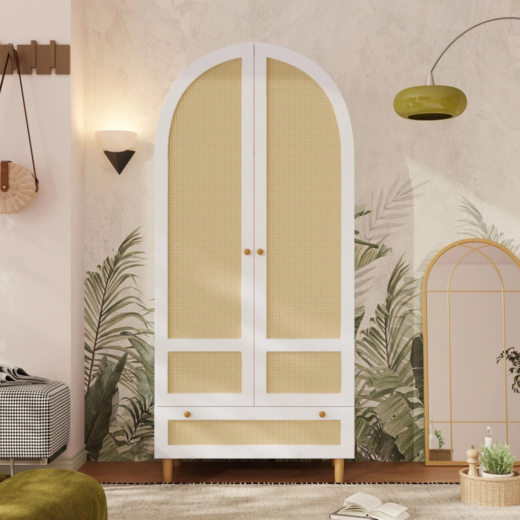 Armadio, design ad arco, stile intrecciato, con cassetti, 80x50x180 cm, bianco e color legno naturale