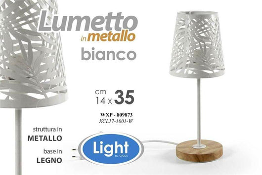 LAMPADA LUMETTO CON PARALUME A FOGLIA BIANCO E BASE IN LEGNO TONDA14 X 35 CM