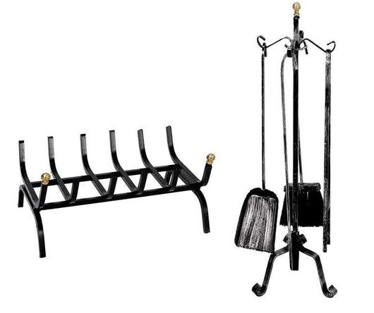 SET DI ATTREZZI PER CAMINO CON BRUCIALEGNA ,4 UTENSILI E STAND CON POMELLI ORO