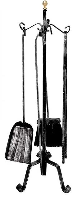 SET DI ATTREZZI PER CAMINO CON BRUCIALEGNA ,4 UTENSILI E STAND CON POMELLI ORO